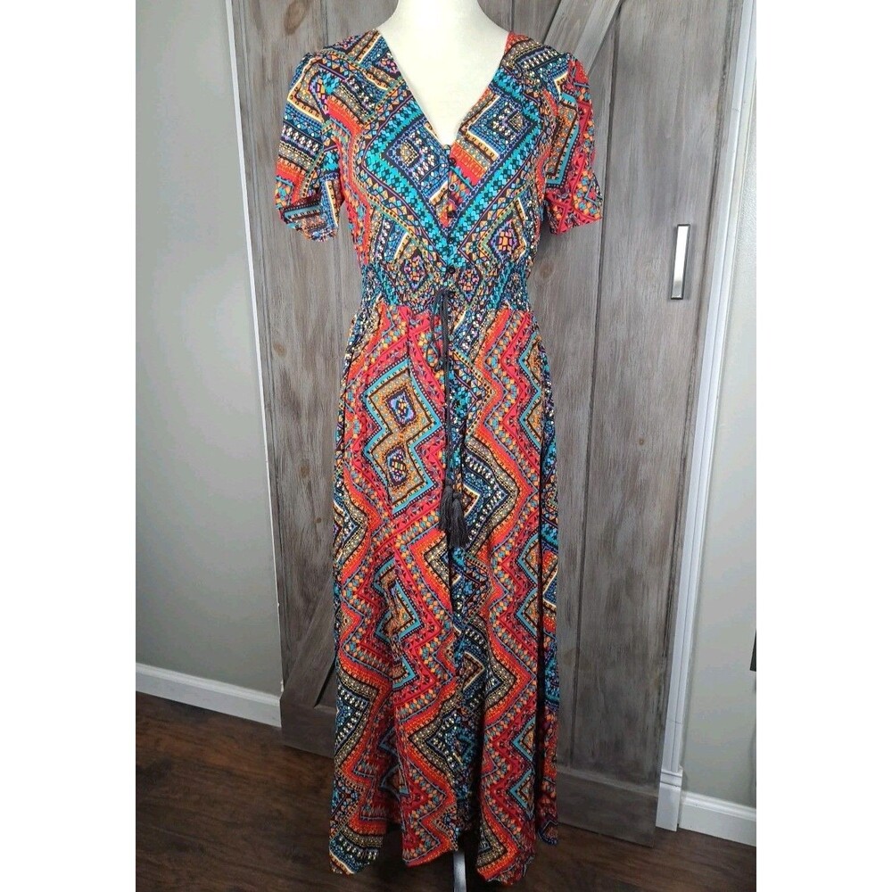 Maxi Dress V neck Geometric Colorful Medium Full Button Down Tassels Boho Aztec